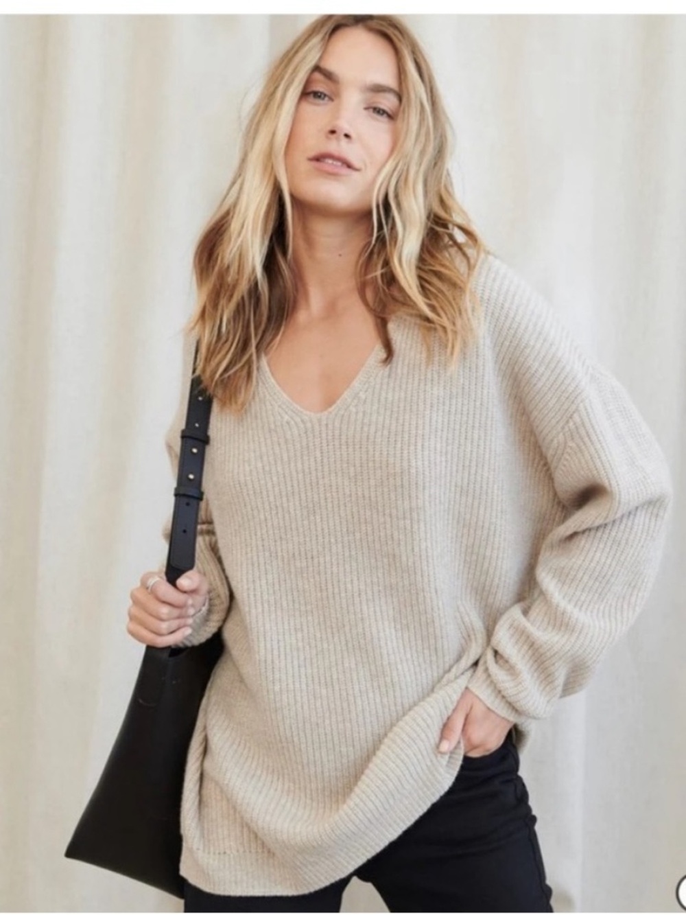 Jenni Kayne Cashmere Wool Oatmeal Shaker Stitch V-Neck Pullover Cabin Sweater L